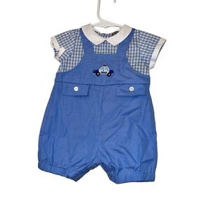 Petit confection Blue gingham Overalls Police Car embroidered romper 3m